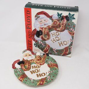 2002 Fitz and Floyd Essentials Santa Wreath Canape Plate IOB Christmas 3D
